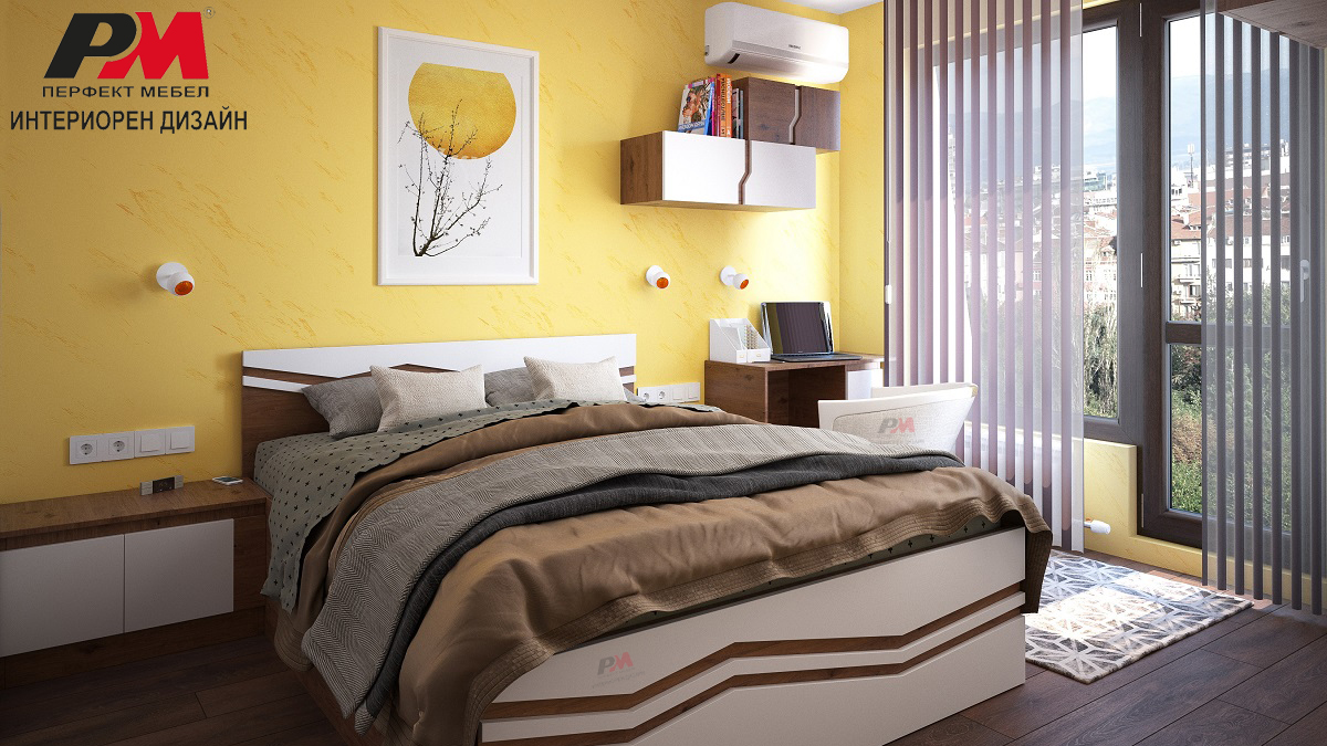 Оригинално и модерно интериорно решение на спалня в бял мат, дървесен фладер и жълти акцении